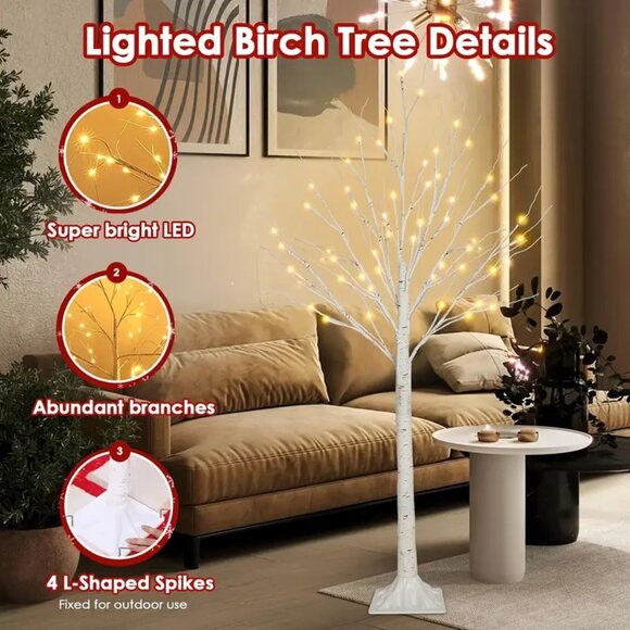 Set Of 3 Birch Trees with Lights, 3ft 3ft 5ft Pre-lit USB Powered Warm LED - Picture 3 of 10